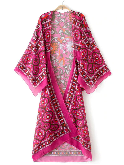 Womens Vintage Floral Chiffon Loose Kimono - Burgundy / S - Womens Outerwear