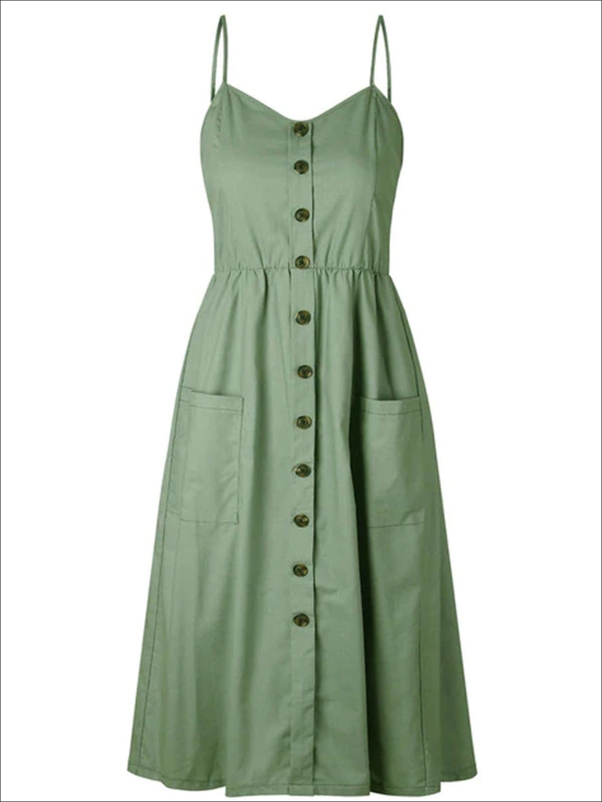 Womens Vintage Sleeveless Casual Dress With Front Pockets (Multiple Color Options) - Green / S - Womens Dresses