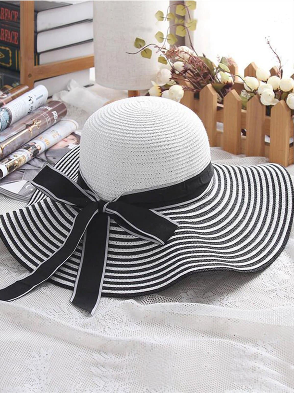 Womens Vintage Striped Wide Brim Summer Hat - Black / About 56-58cm - Womens Accessories