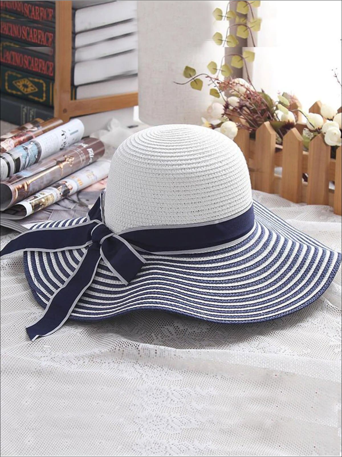 Womens Vintage Striped Wide Brim Summer Hat - Blue / About 56-58cm - Womens Accessories