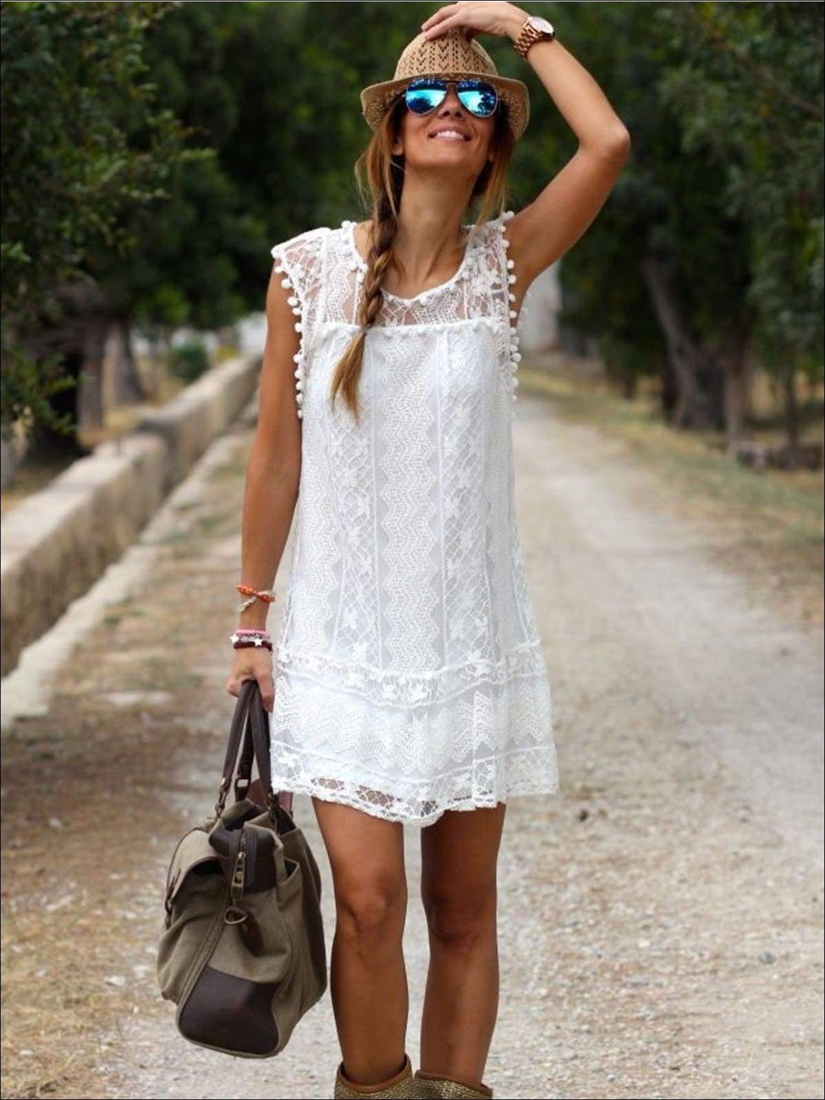 Womens White Crochet Pom Trim Sleeveless Dress/Tunic - Womens Dresses