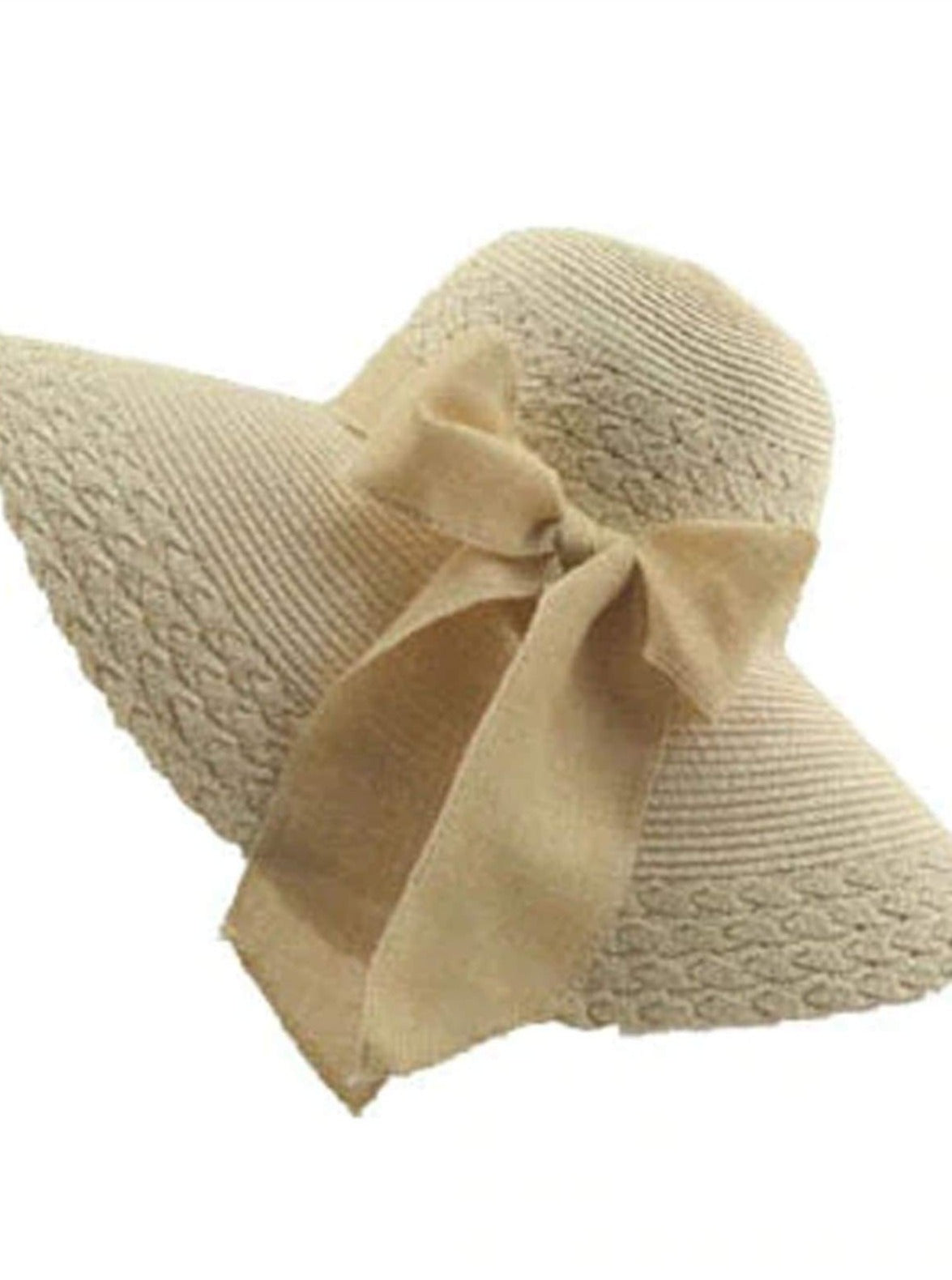 Womens Wide Brim Floppy Hat With Large Ribbon - Beige - Womens Accessories