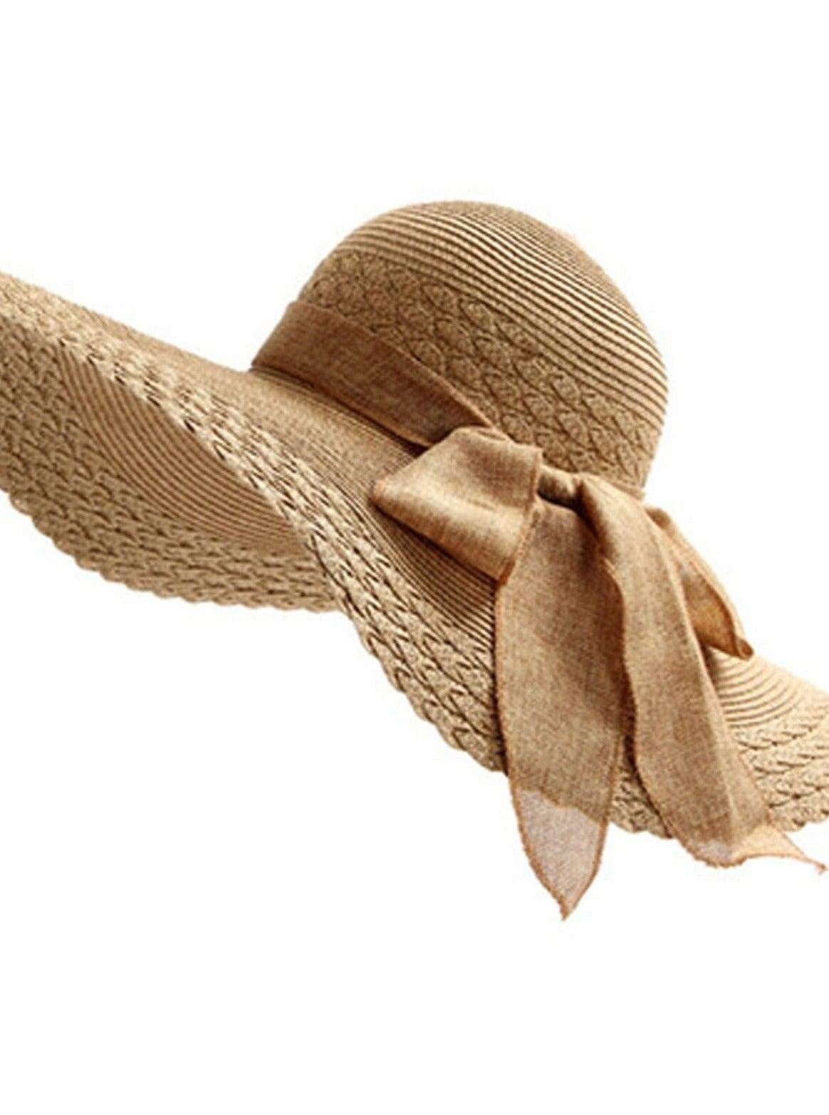 Womens Wide Brim Floppy Hat With Large Ribbon - Brown - Womens Accessories