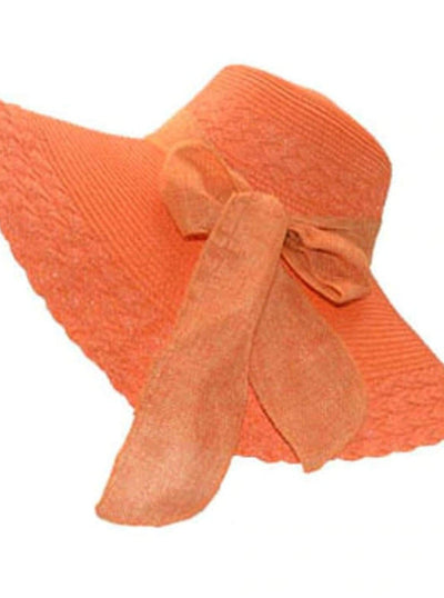 Womens Wide Brim Floppy Hat With Large Ribbon - Orange - Womens Accessories