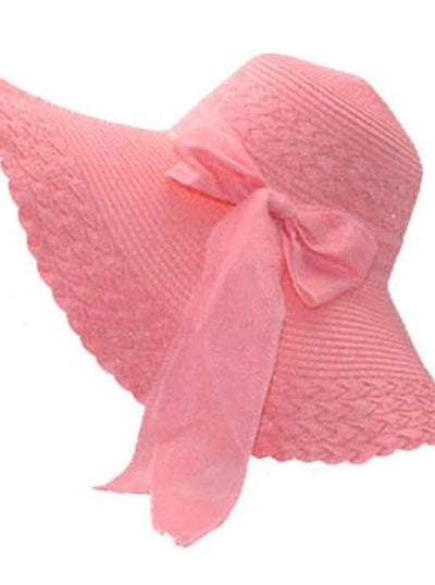Womens Wide Brim Floppy Hat With Large Ribbon - Pink - Womens Accessories