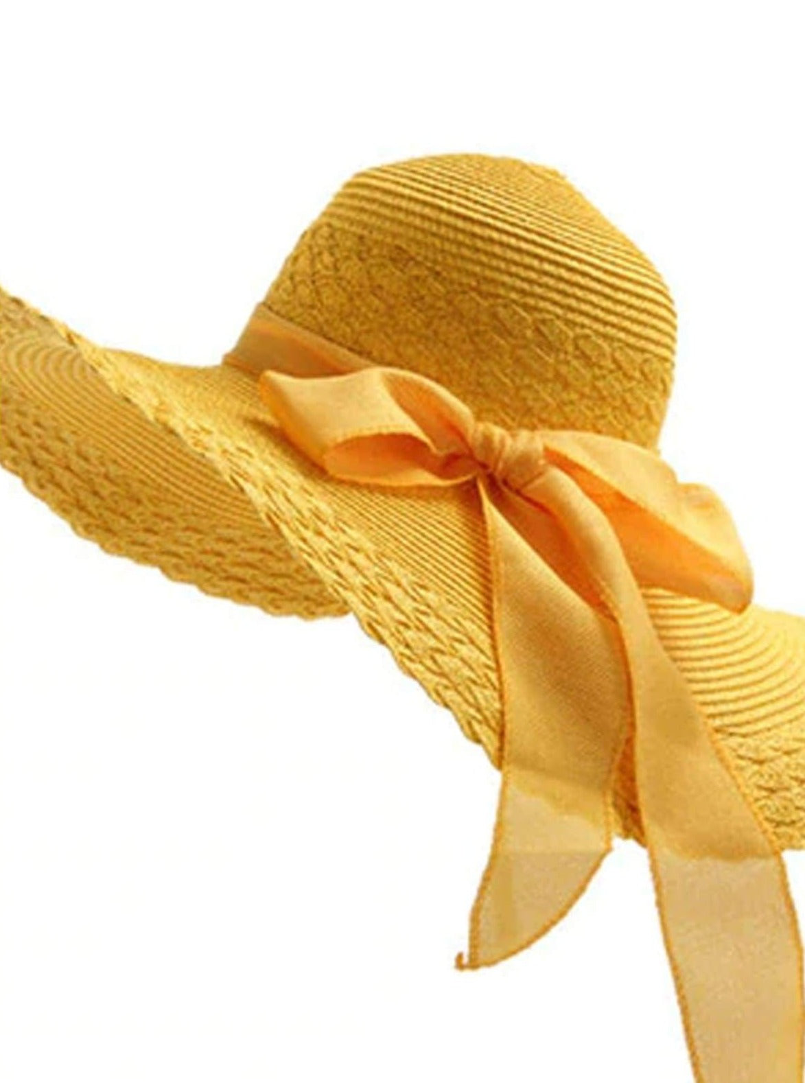 Womens Wide Brim Floppy Hat With Large Ribbon - Yellow - Womens Accessories