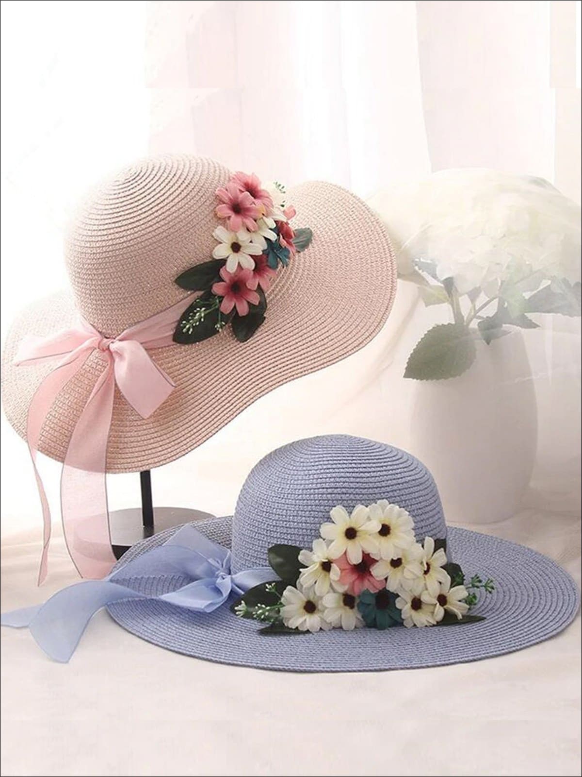 Womens Wide Brim Straw Hat with Flower Sash - Womens Accessories