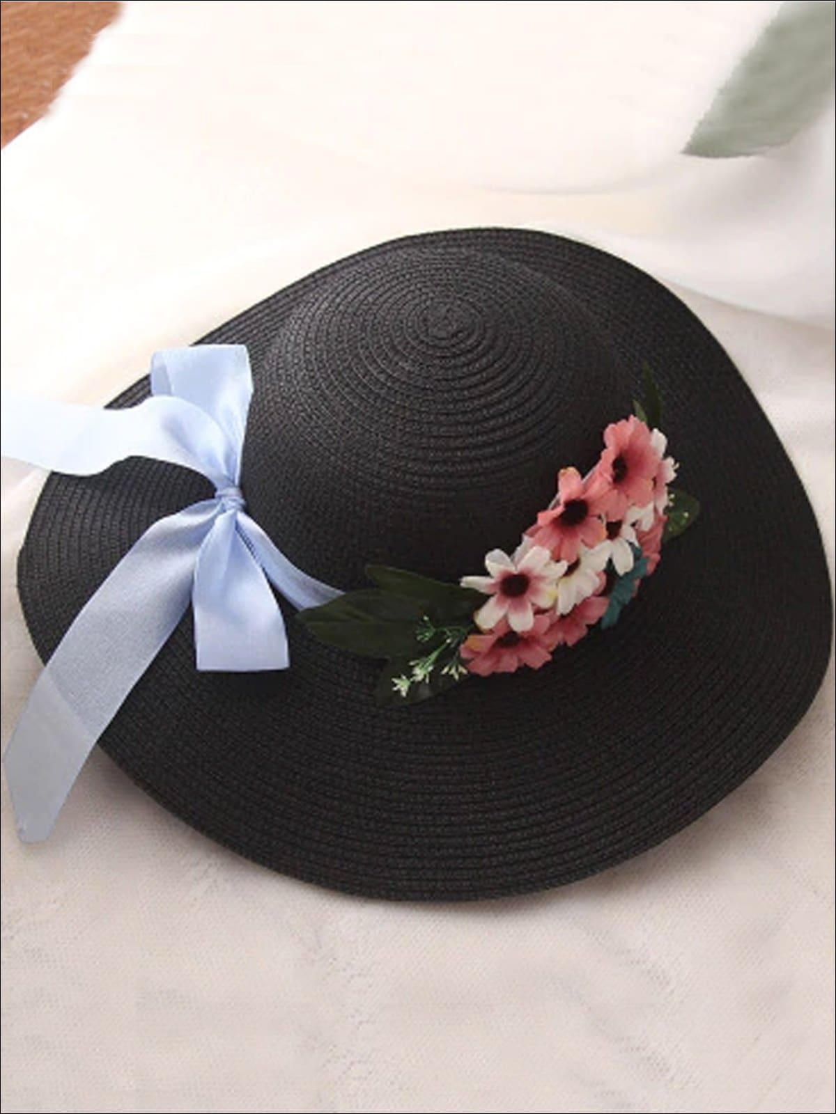 Womens Wide Brim Straw Hat with Flower Sash - Black - Womens Accessories
