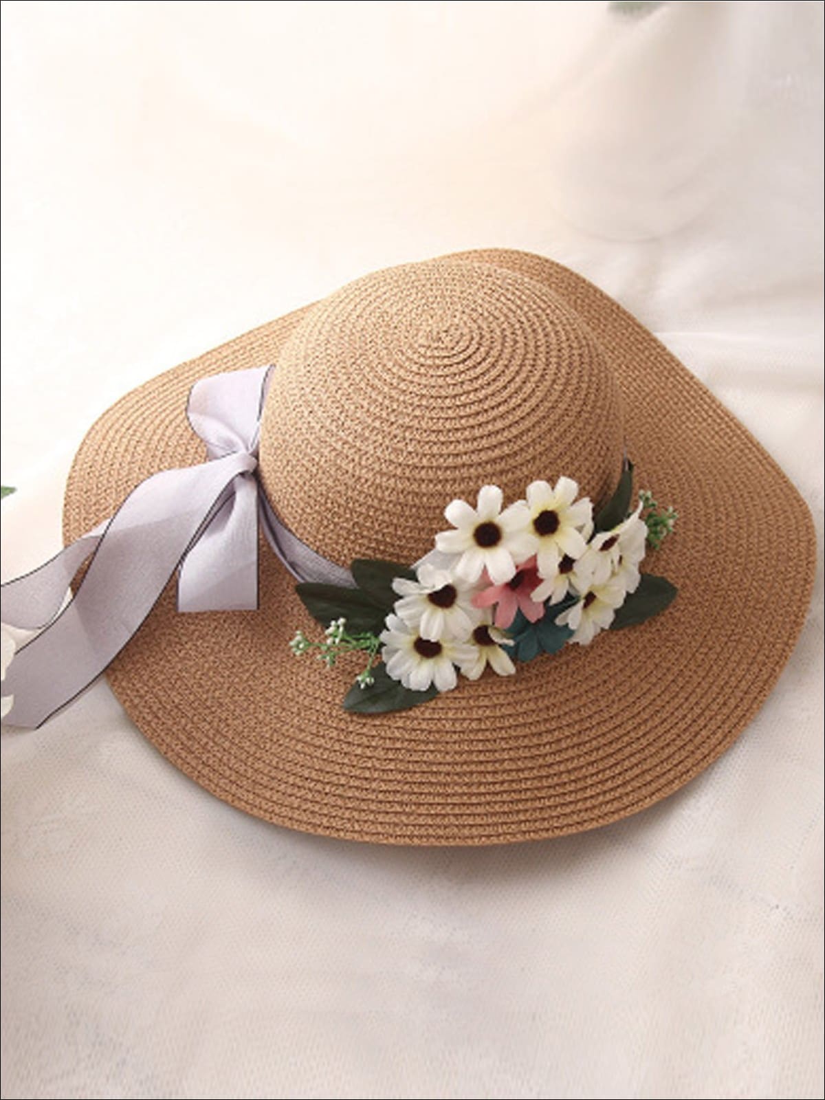 Womens Wide Brim Straw Hat with Flower Sash - Brown - Womens Accessories