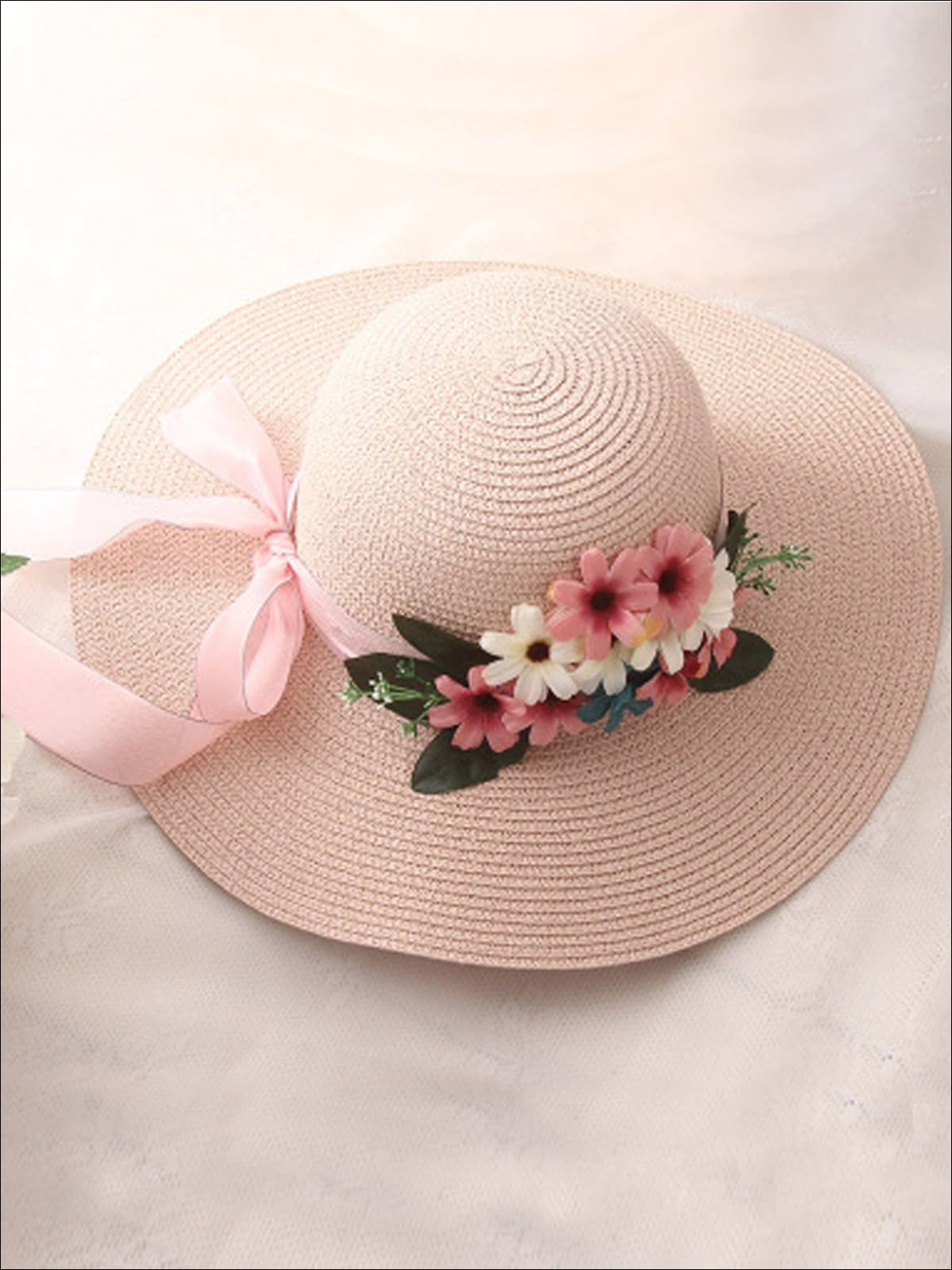Womens Wide Brim Straw Hat with Flower Sash - Pink - Womens Accessories