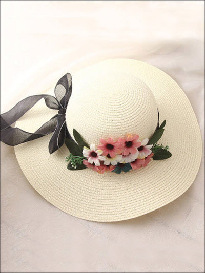 Womens Wide Brim Straw Hat with Flower Sash - White - Womens Accessories