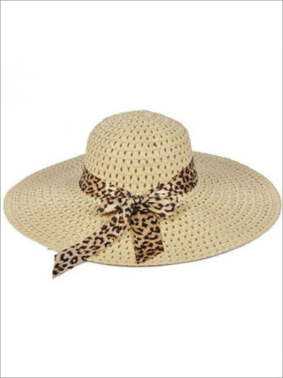 Womens Wide Brim Straw Hat With Leopard Print Ribbon - Beige - Womens Accessories