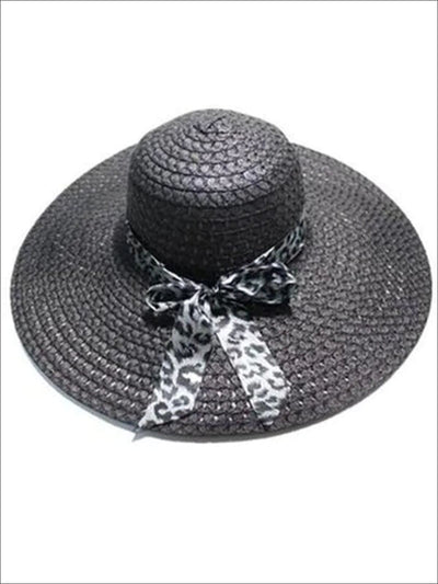 Womens Wide Brim Straw Hat With Leopard Print Ribbon - Black - Womens Accessories