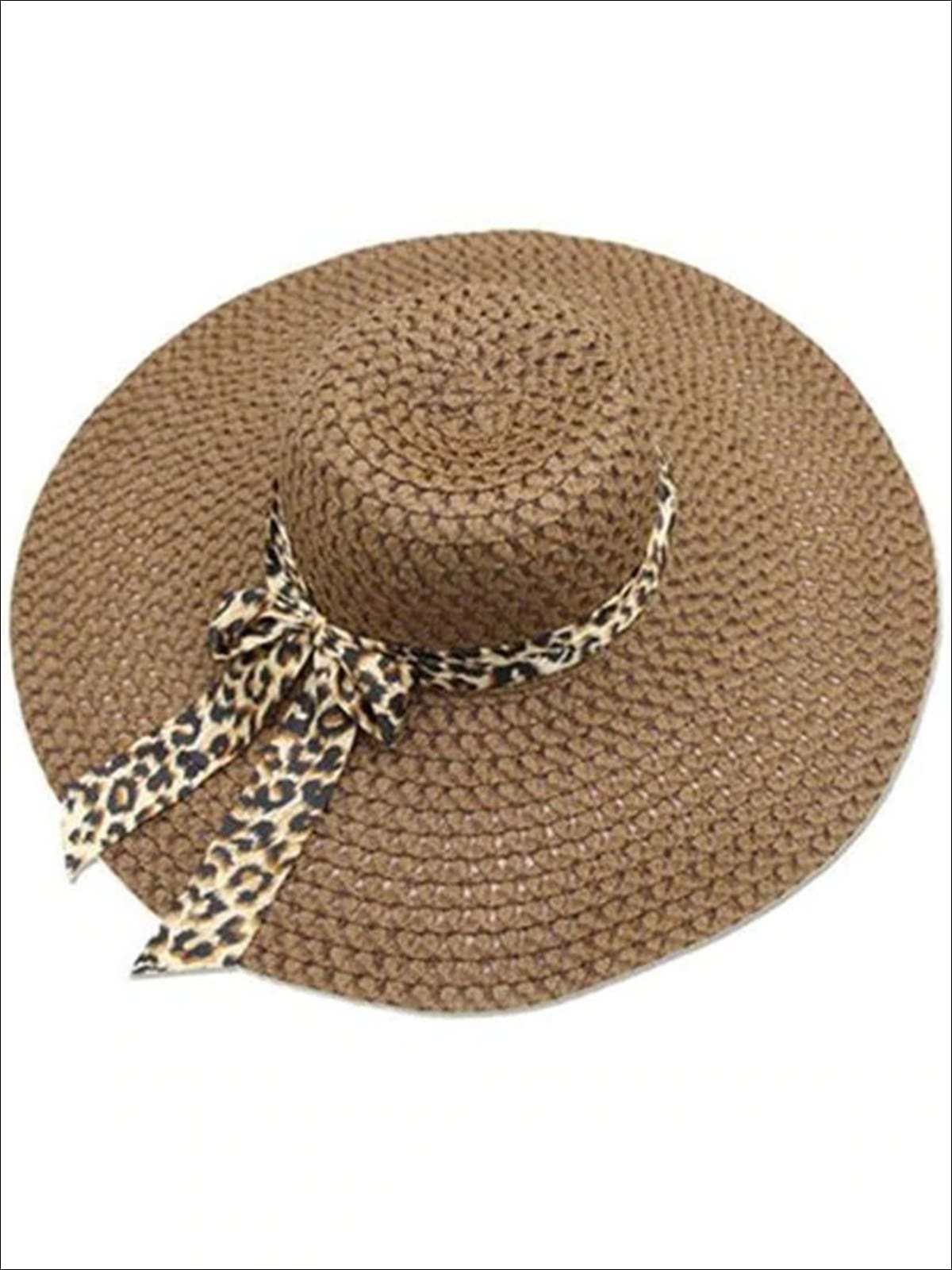 Womens Wide Brim Straw Hat With Leopard Print Ribbon - Dark brown - Womens Accessories