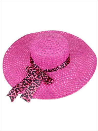 Womens Wide Brim Straw Hat With Leopard Print Ribbon - Hot Pink - Womens Accessories