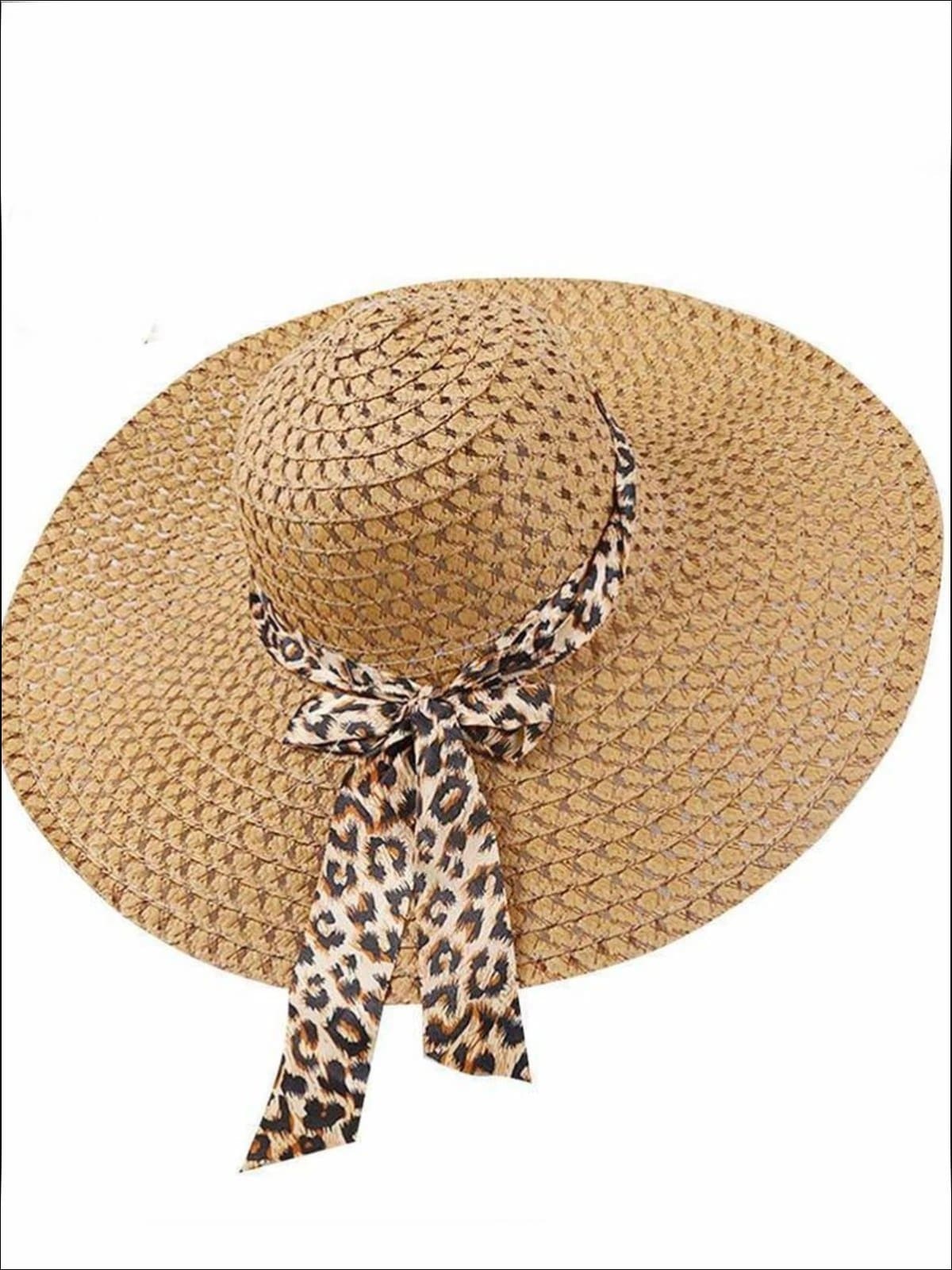Womens Wide Brim Straw Hat With Leopard Print Ribbon - Light brown - Womens Accessory