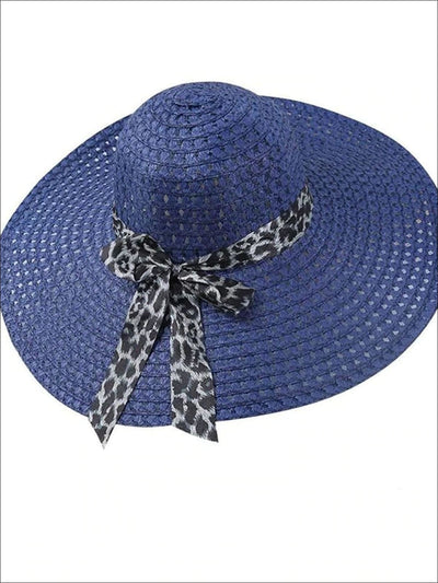 Womens Wide Brim Straw Hat With Leopard Print Ribbon - Navy - Womens Accessories