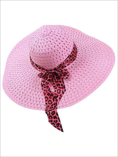 Womens Wide Brim Straw Hat With Leopard Print Ribbon - Pink - Womens Accessories