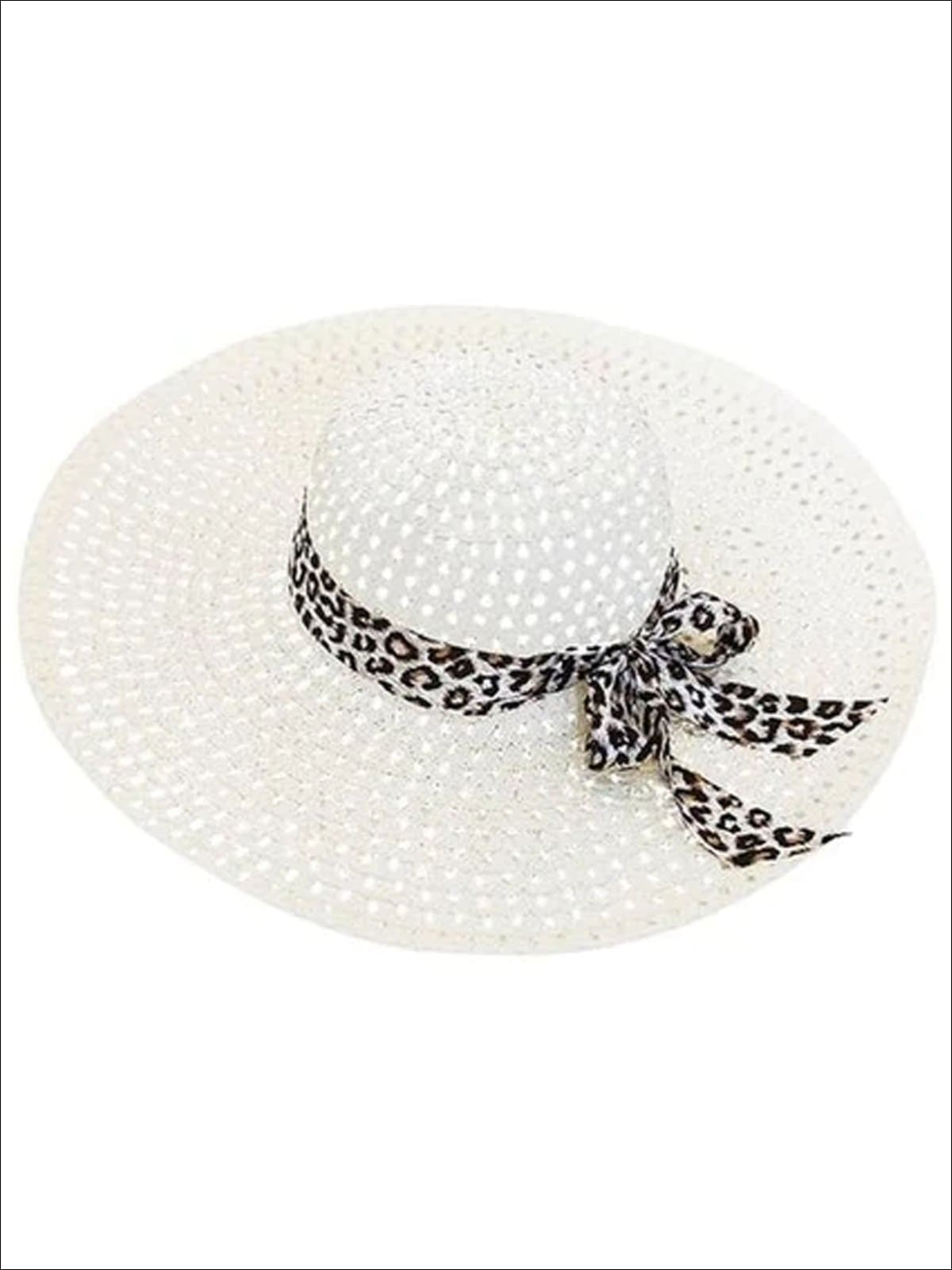 Womens Wide Brim Straw Hat With Leopard Print Ribbon - White - Womens Accessories