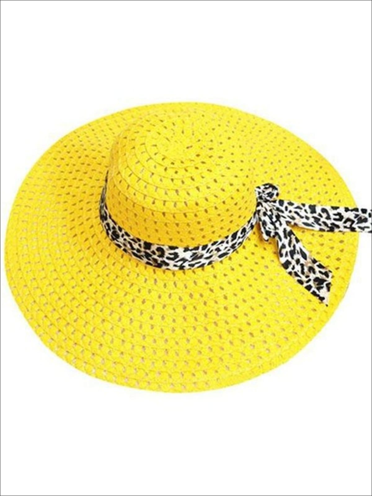 Womens Wide Brim Straw Hat With Leopard Print Ribbon - Yellow - Womens Accessories
