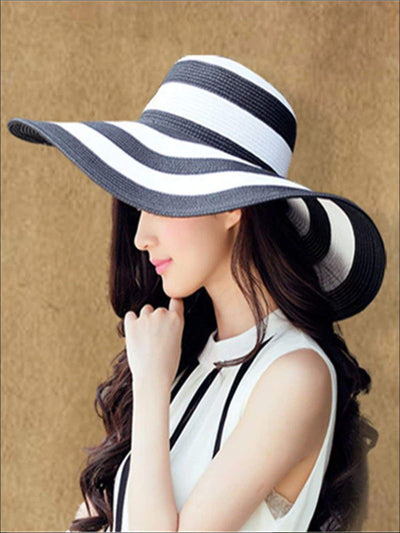 Womens Wide Brim Striped Casual Straw Hat - Womens Accessories