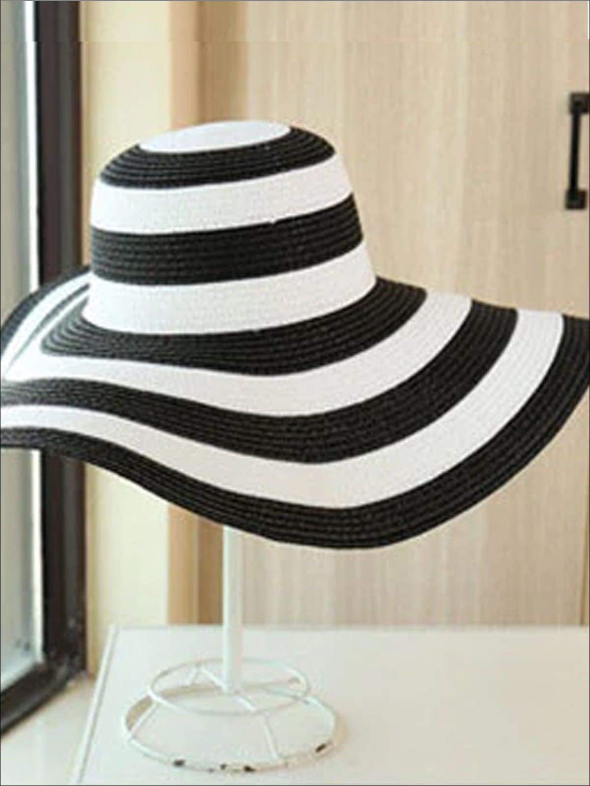 Womens Wide Brim Striped Casual Straw Hat - Black - Womens Accessories