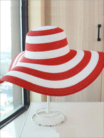 Womens Wide Brim Striped Casual Straw Hat - Red - Womens Accessories