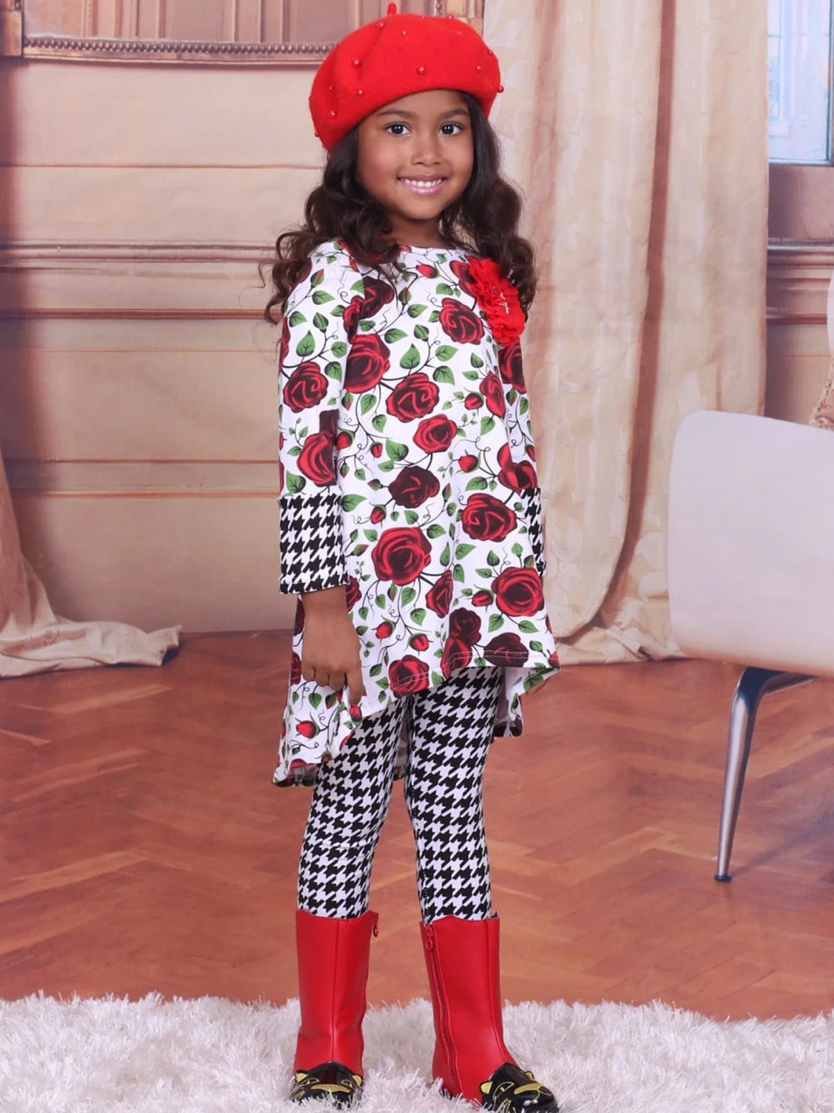 Girls Rose And Houndstooth Hi-Lo Cuffed Tunic and Legging Set