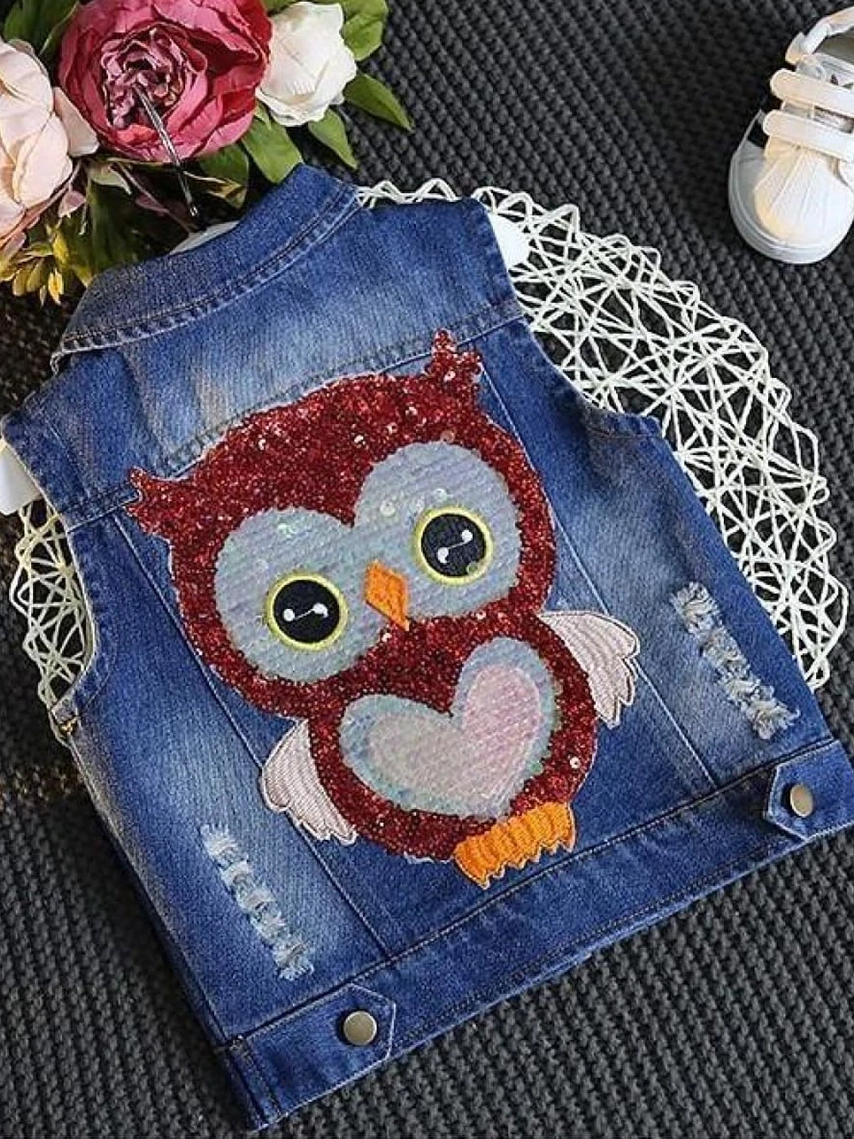 Girls Denim Vest with Owl Applique