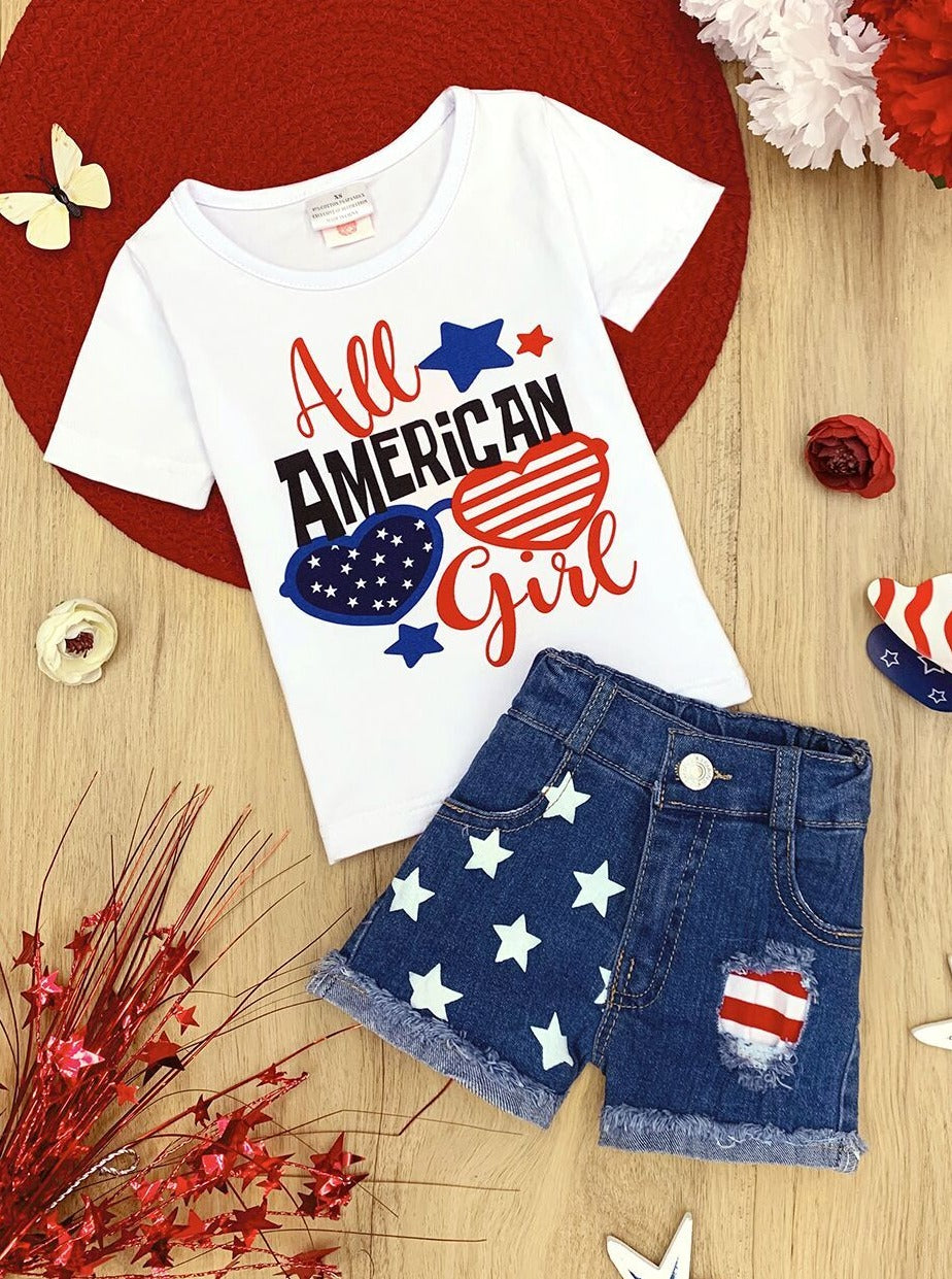 Mia Belle Girls Patriotic "All American Girls" Top and Patched Denim Shorts Set